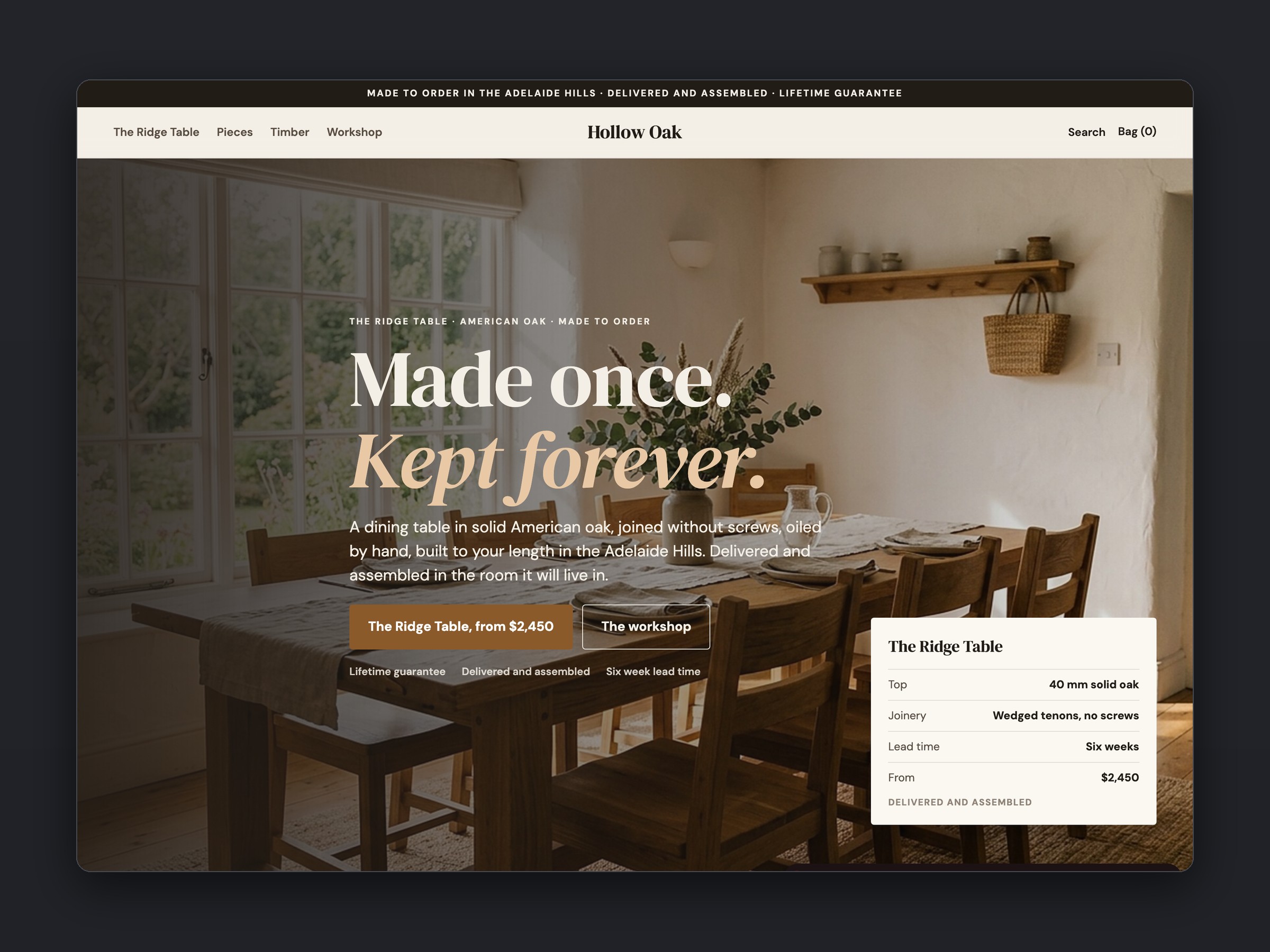 Hollow Oak store, homepage